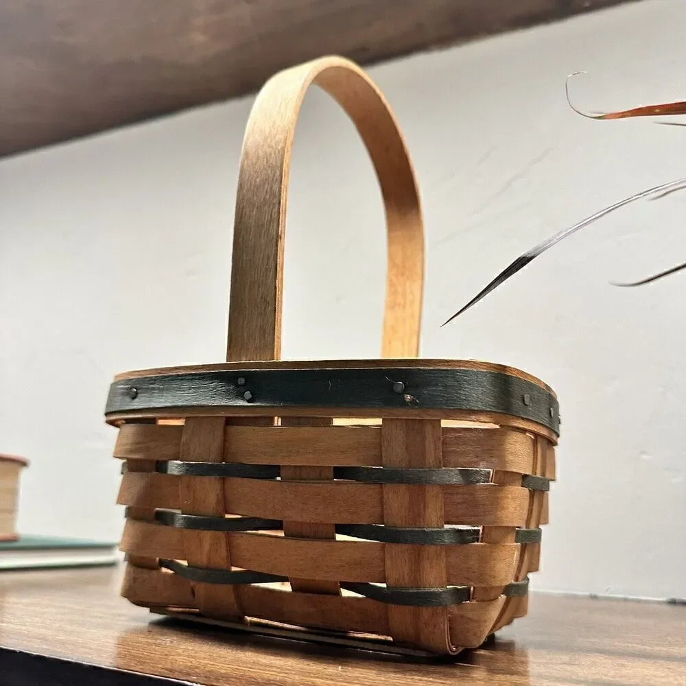 Vintage LONGABERGER 1993 Small Basket Dark Slats Green And Tan